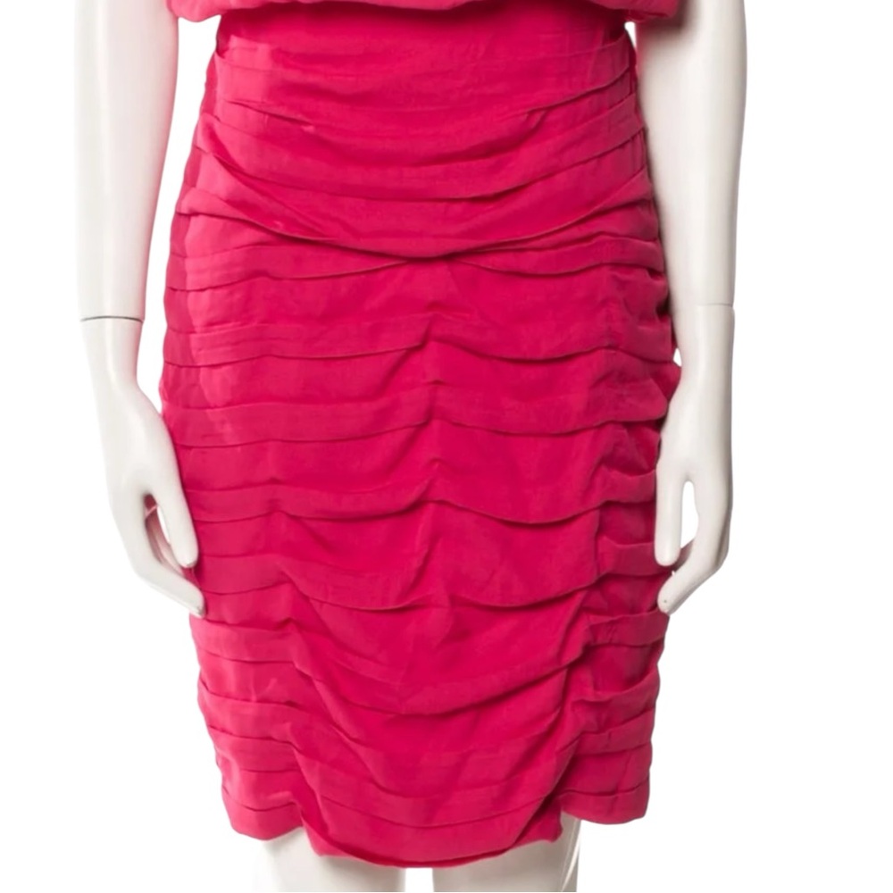 ALICE + OLIVIA 100% Silk Strawberry Pink Ruched Cocktail Mini Dress Size M - Picture 6 of 11